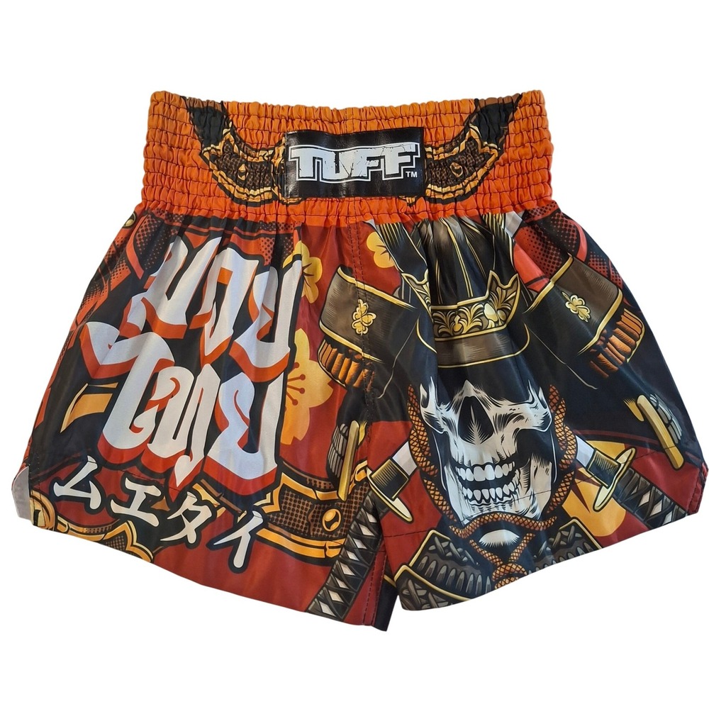 TUFF Muay Thai Shorts Mens Medium Samurai Skull Katana Red Orange MMA Kickboxing